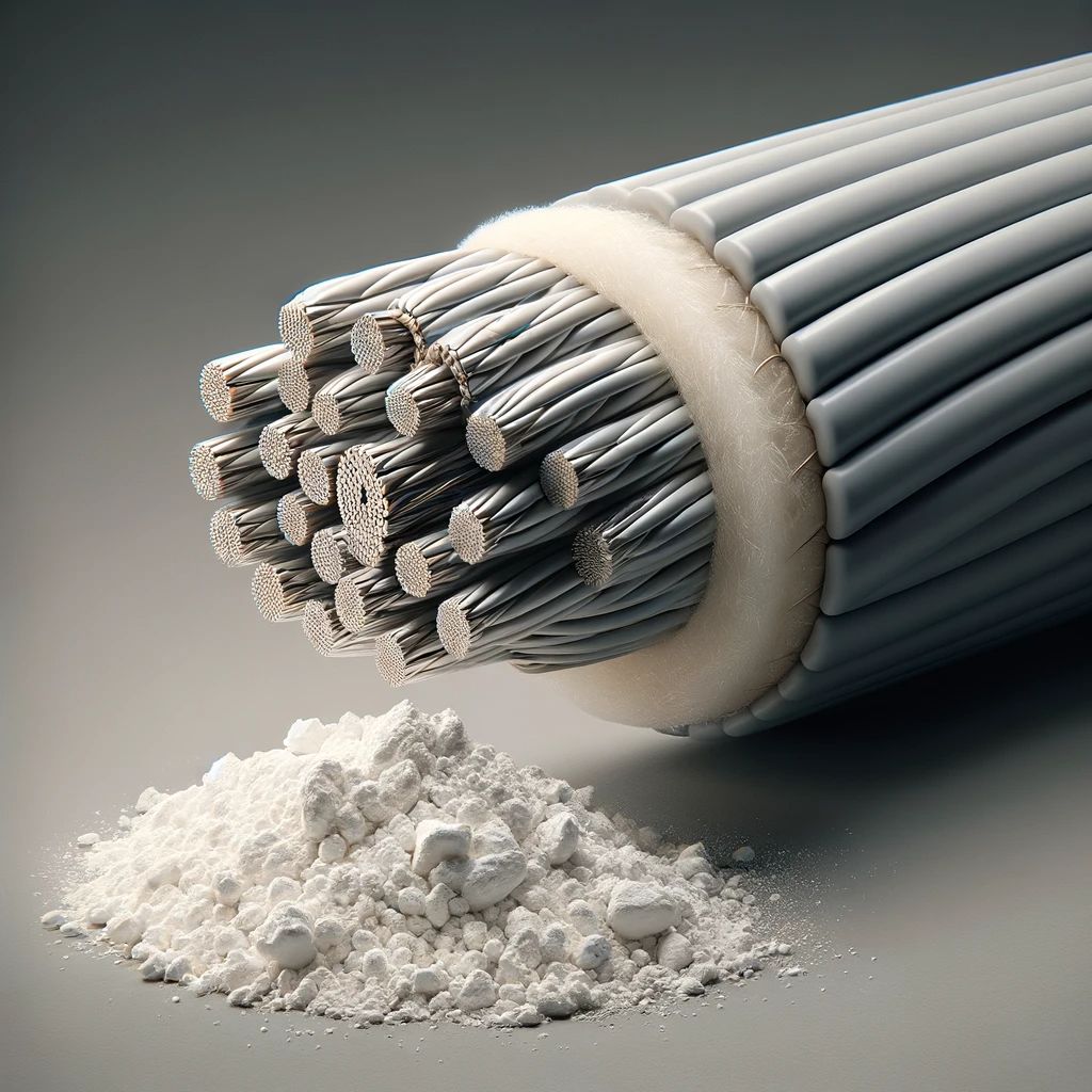 DALL��E 2024-01-30 17.08.21 - A close-up image of a cable sheath with a small bunch of white powder beside it. The cable sheath, an essential part of cable protection, is shown in .png