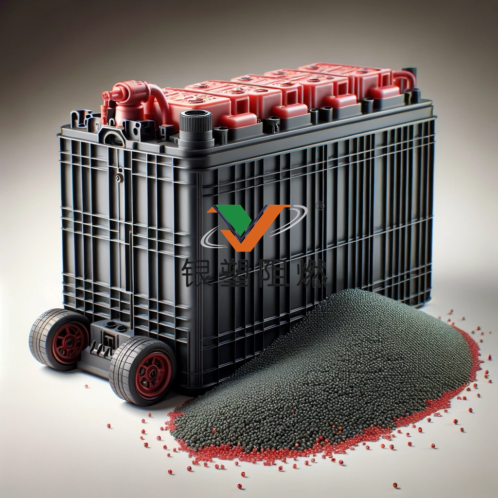 DALL��E 2024-02-01 17.00.44 - An image depicting an electric vehicle (EV) battery casing made of plastic, with a small bunch of black red masterbatch included. The EV battery casin.png
